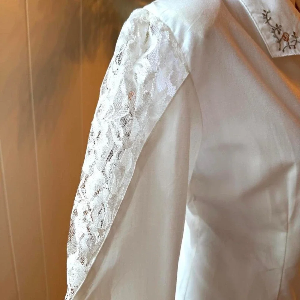 Vintage 80s 90s Lace Sleeve White Button Up Shirt Embroidered Coquette Blouse